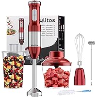 Keylitos 5 in 1 Immersion Hand Blender Mixer, [Upgraded] 1000W Handheld Stick Blender with 600ML Chopper, 800ML Beaker, Whisk and Milk Frother for Smoothie, Baby Food, Sauces Red,Puree, Soup (Red)