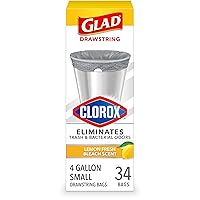 Glad Trash Bags, Small Drawstring Garbage Bags with Clorox, 4 Gallon Grey Trash Bags, Lemon Fresh Bleach Scent, 34 Count (Package May Vary)