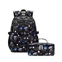 School Backpack for Boys, Girls, Kids Bookbag with Lunch Bag Middle School Elementary Waterproof Cosmos/Planets (Black)