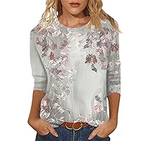 Womens Tops Dressy Casual,3/4 Length Sleeve Womens Tops Round Neck Fashion Loose Fit Shirts Solid Color Printing Holiday Tunic Blouse 3/4 Sleeve Workout Tops for Women