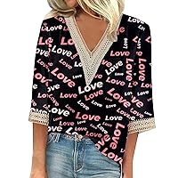 Women's Shirt Blouse Casual Loose 44989 Sleeve Lace Trims Valentine's Day Love Print V Neck Tops Shirts Tee, S-3XL