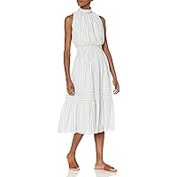 Women's Sleeveless Mock Neck Stripe Midi Cotton Dress