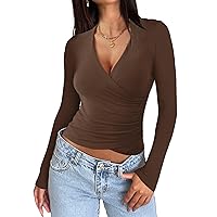 Women's Sexy Long Sleeve Crop Tops Wrap V Neck Going Out Shirts Slim Fitted Basic Top Ruched Y2K T-Shirt