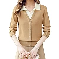 LAI MENG FIVE CATS Women's Polo Contrast Collar Casual Shirt Long Sleeve Tunic Blouse Top Brown