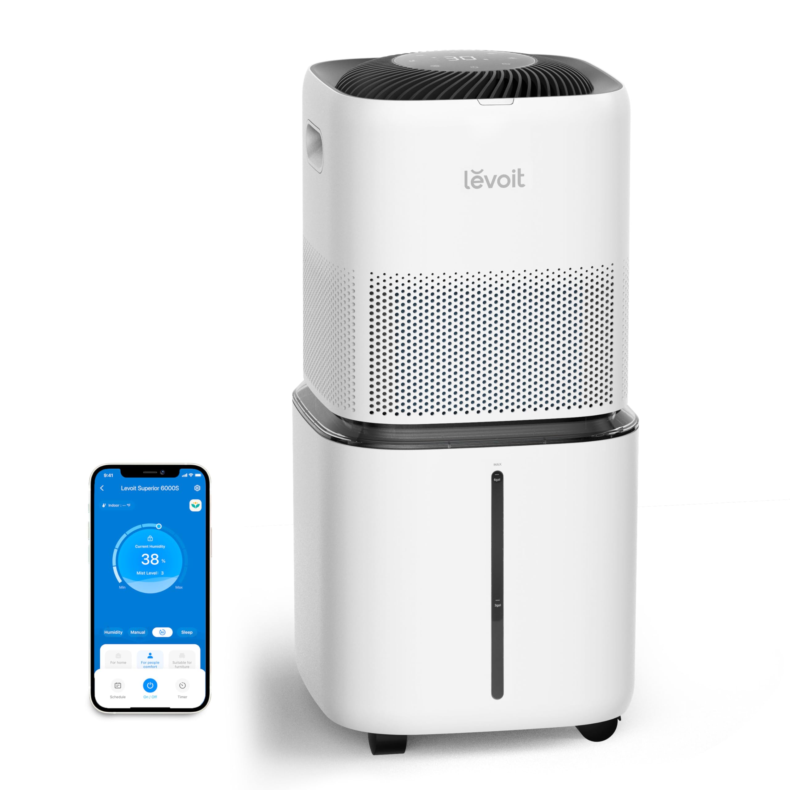 LEVOIT Superior 6000S Smart Evaporative Humidifiers for Home Whole House up to 3000ft², 6 Gal, Last 72-Hour, Premium Filter, Dry Mode, Wheels & Water Fill Hose & Foldable Storage - Quiet Sleep Mode