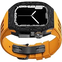Carbon Fiber Watch Case Fluoroelastomer Lightweight Bands，for Apple Watch 8/7/6/4/5 SE 45mm 44mm, Metal Bumper Watch Cover RM Style Rubber Band Loops Watch Accessories，For Women and Men