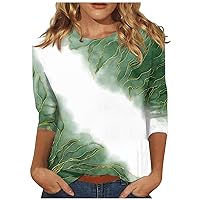 3/4 Length Sleeve Womens Tops Casual Button Round Neck Loose Line Printed T-Shirt Top
