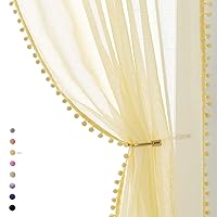 Treatmentex Pom-pom Sheer Curtains for Living Room, 84 inch Long Yellow Curtain Drapes for Kids Room 2 Panels Rod Pocket