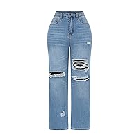 THUNDER STAR Womens High Waisted Wide Leg Jeans Stretchy Distressed Denim Pants