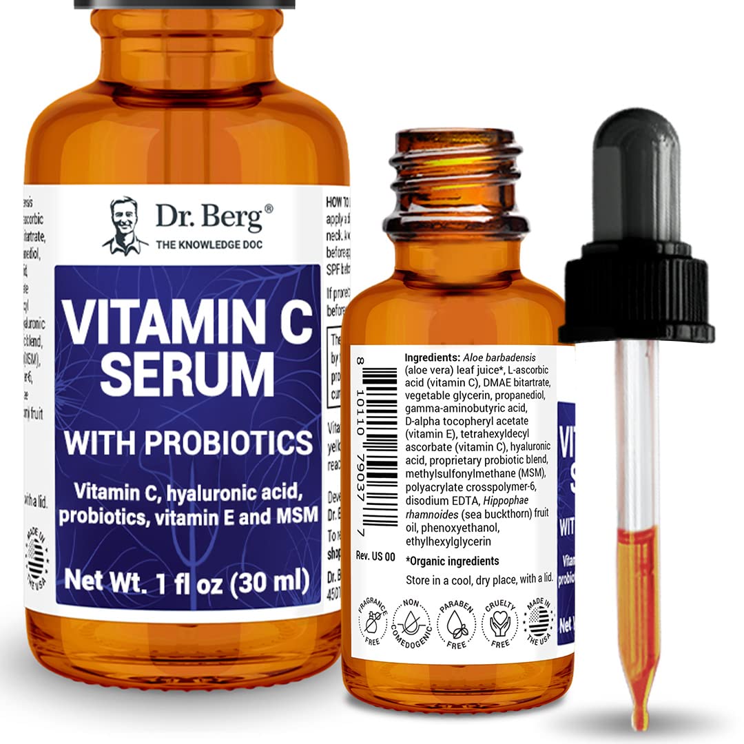 Dr. Berg Vitamin C Serum with Probiotics - Anti-Aging Vitamin C Face Serum - Organic Vitamin C Brightening Serum for Dark Spots, Wrinkles & Fine Lines - Hydrating Face Serum For Glowing Skin - 1 fl oz
