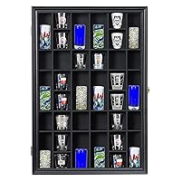 Shot Glass Display Case Wooden Cabinet Rack Holder Wall Mounted Black Shadow Box Lockable with UV Protection Acrylic Glass Door Shot Glass Collection Display with Removable Shelves, 18