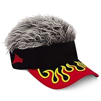 Flair Hair Sun Visor Cap with Fake Hair, Grey Hair with Red Adjustable Baseball Hat and Embroidered Flames, Red