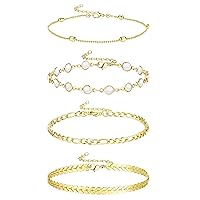JeryWe Gold Ankle Bracelets for Women 14k Gold Plated Anklet Silver Tennis Rose Quartz Cross Bead Herringbone Snake Paperclip Chain Cubic Zirconia Dainty Layered Anklet Set