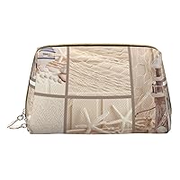 Boat Beach Starfish Shell Print Leather Clutch Zipper Cosmetic Bag, Travel Cosmetic Organizer, Leather Storage Cosmetic Bag