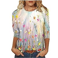 Tops for Women Work Casual Plus Size Fashion Printed T-Shirt Mid-Length 3/4 Sleeves Blouse Round Neck Casual Tops