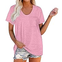 Spring Shirts for Women 2024 Plain T Shirts for Women Simple Classic Casual Trendy Versatile with Short Sleeve V Neck Pockets Blouses Light Pink Medium