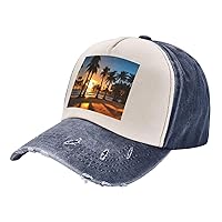 Beach Sunrise and Backlit Palm Trees Print Vintage Washed Cotton Baseball Caps Dad Hat Adjustable Hip Hop Hat Trucker Hat