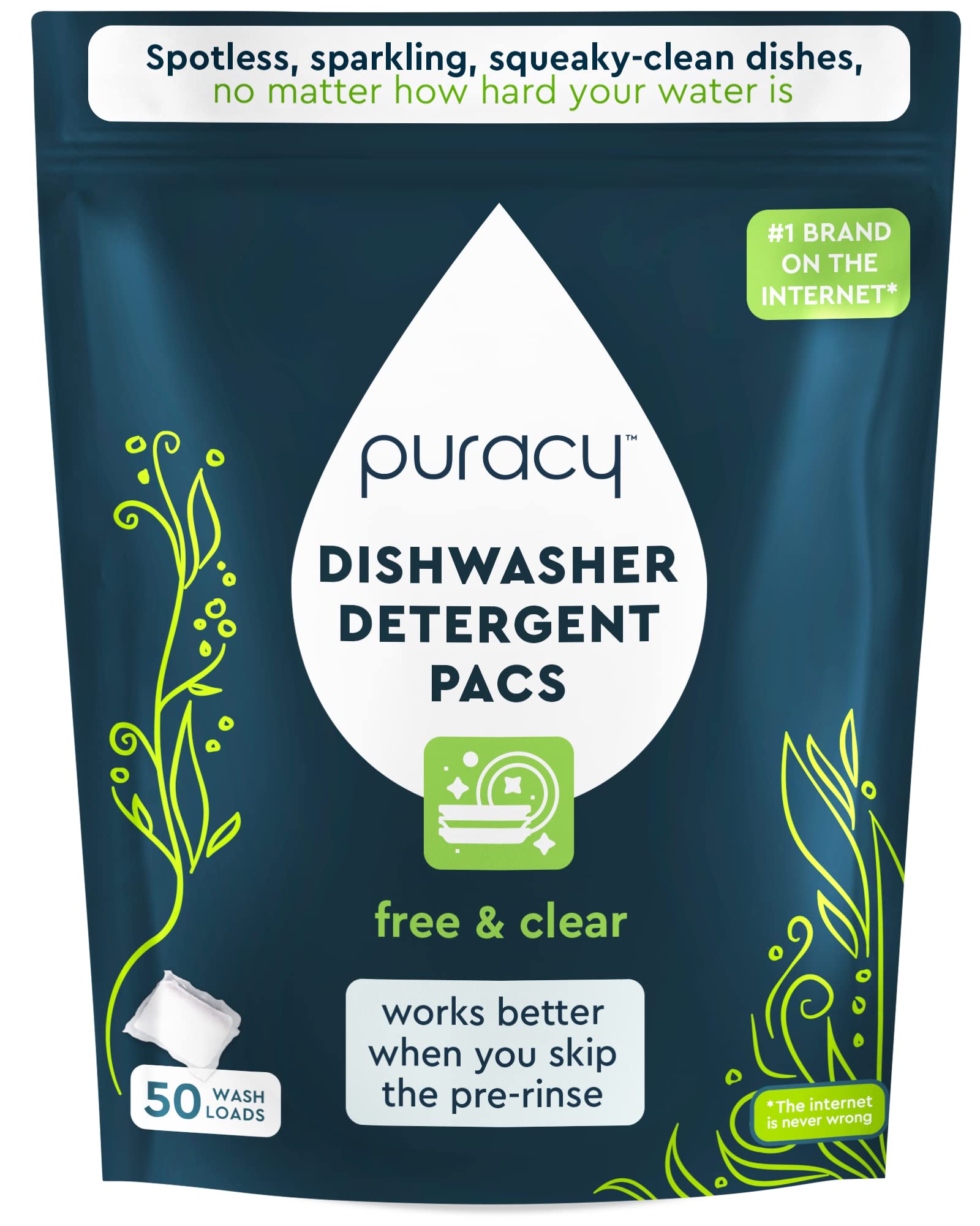 Puracy Dishwasher Pods Detergent 50 Count, Natural Dishwasher Detergent, Free & Clear Dish Tabs, Tiktok Trend Items, Enzyme-Powered, Spot & Residue-Free, Must Haves from Tiktok Made Me Buy It