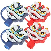 BESTOYARD New Year Straw Cover 4pcs Lion Dance Straw Stopper 2024 Year of The Dragon Straw Tip Straw Cap Reusable Drinking Straw Silicone Plugs End Protectors