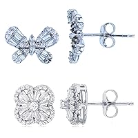Sterling Silver Rhodium Criss Cross & Flower Stud Earring Set