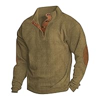 Men's Corduroy Henley Shirts Lapel Button Up Polo Sweatshirts Long Sleeve Mock Neck Pullover with Elbow Patches