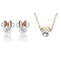 Disney Minnie Mouse April Birthstone Two Tone Silver Plated Stud Earrings and Rose Gold Flash Plated Pendant Necklace Bundle