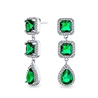 Classic Bridal Jewelry Fashion Statement Triple Round Pave Green Clear CZ Halo Long Linear Pear Shape Dangle Teardrop Chandelier Earrings For Women Wedding Prom Yelow Gold Silver Plated