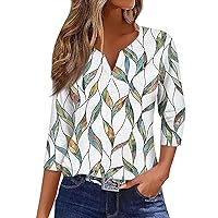 Womens 3/4 Sleeve Tops V Neck Button Down Henley Loose Fit Blouse Summer Fashion Graphic Tunic Tshirts Plus Size Tops for Women Ladies Tops and Blouses 3/4 Sleeve