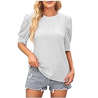 Women's Summer Puff Short Sleeve Tops Fashion Round Neck Eyelet Shirts Hollow Out Breathable Casual Loose Fit Blouse