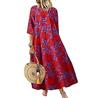 Women Boho Colorfor Dresses Plaid Short Sleeve Crew Neck Midi Dress Vintage Ethnic A Line Swing Summer Beach Dresses