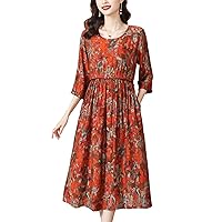Women's Vintage Elegant Mulberry Silk Print Dresses Summer Ethnic Style Casual Loose Party Prom Long Dress