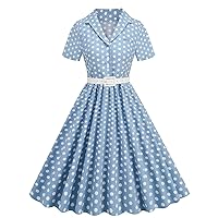 Women 50s Polka Dots Retro Short Sleeve Lapel Audrey Dress Summer Dressy Button V Neck Fashion Swing A-Line Dresses