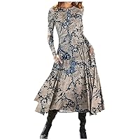 Women's Casual Dresses Fashion Retro Flower Print Round Neck Long Sleeve Slim Fit Mid Length Dress Casual, S-3XL