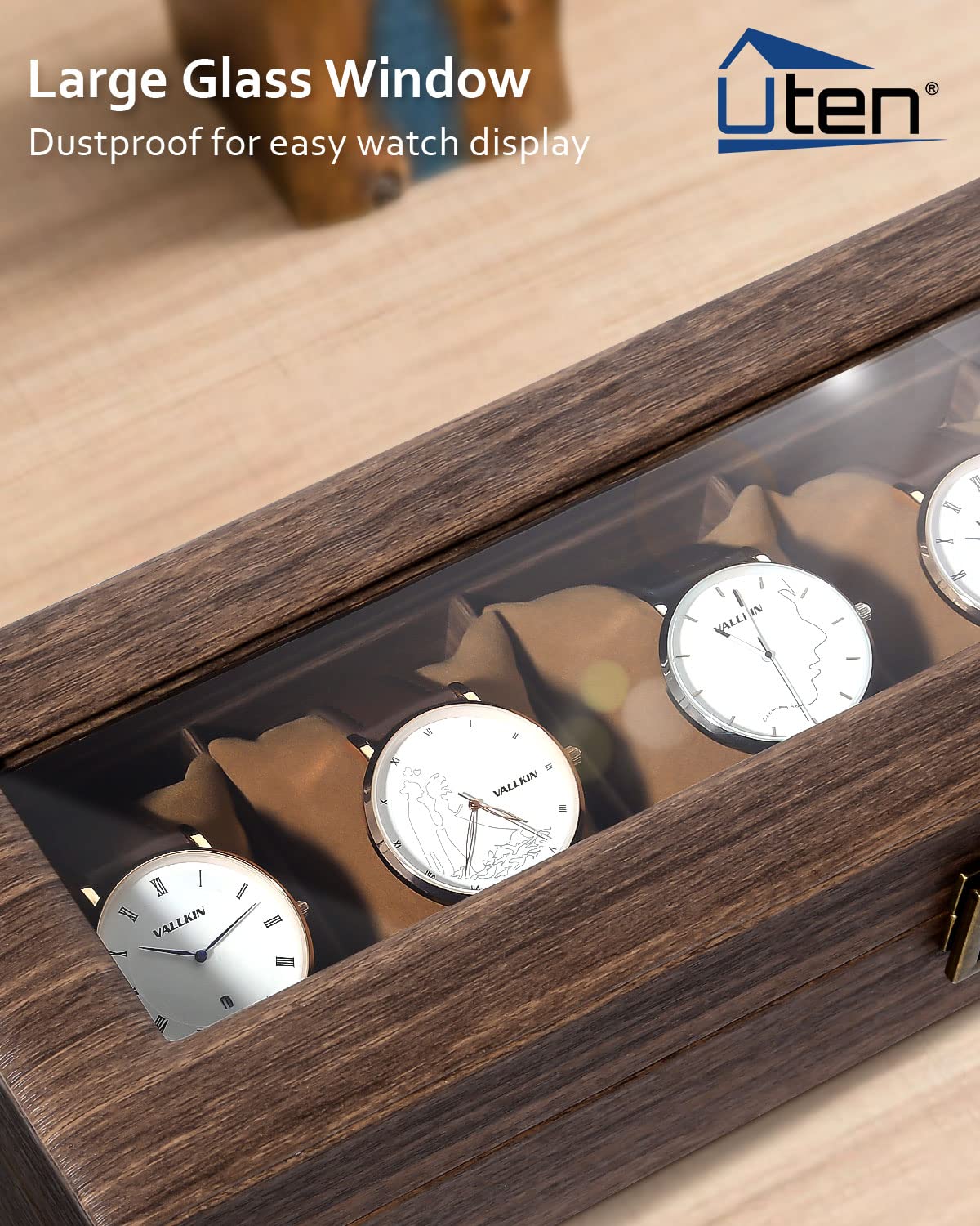 Uten Watch Box with 6 Slots, Watch Case Organizer with Real Glass Lid, Wood Grain PU Leather Watch Display Storage Box with Removable Imitation Suede Watch Pillows, Metal Clasp, Gift for Men and Women