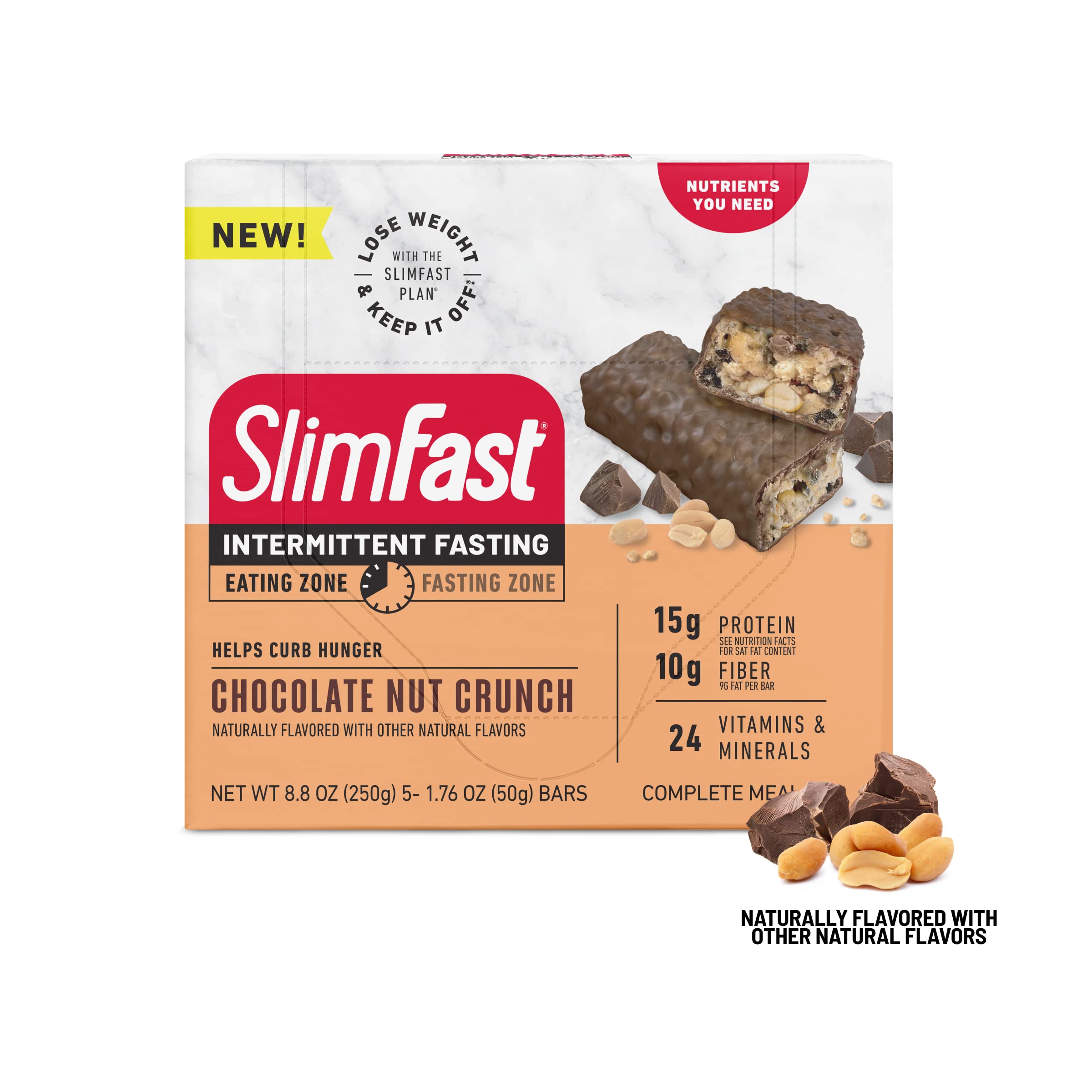 SlimFast Intermittent Fasting- Complete Meal Protein Bars, Chocolate Nut Crunch, 5 Bars (Pack of 1)