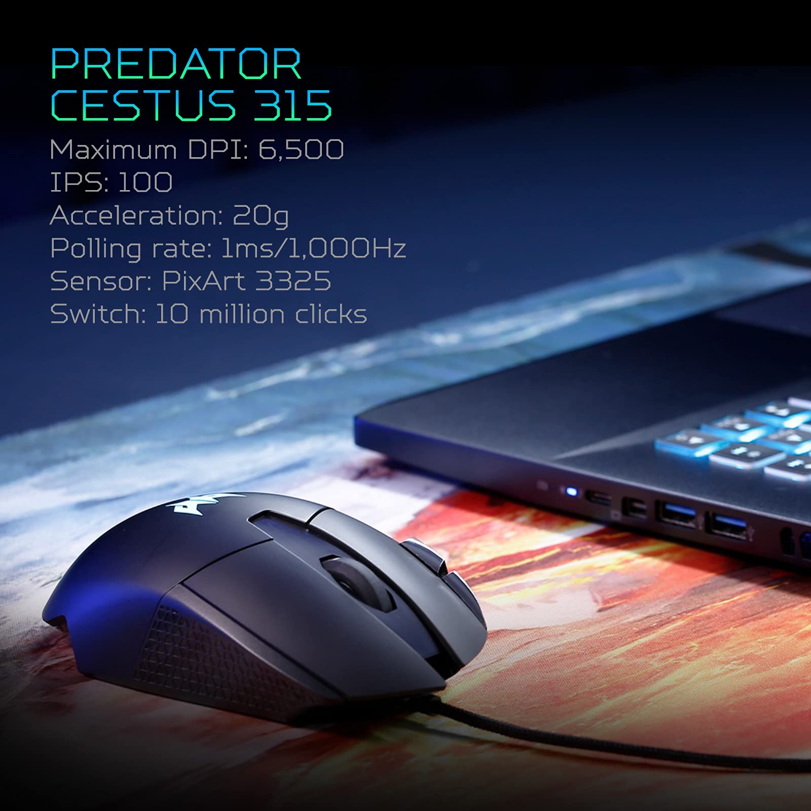 Acer Predator Cestus 315 Gaming Mouse with PixArt Sensor, Adjustable DPI & 8 Buttons Including Burst Fire