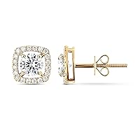 Halo Cushion Cut 10k Solid Gold Moissanite Diamond Stud Earrings Screw Backs in White, Yellow or Rose Gold Lab Created