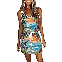 Summer Dresses for Women 2024 Hawaiian V-Neck Sun Dress with Pocket Sleeveless Dress Strapless Drawstring Beach Dress