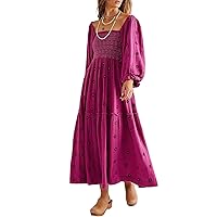 Womens Puff Sleeve Dress Cottagecore Floral Print Flowy Square Neck Maxi Dresses Smocked Tiered Ruffle Sun Dress