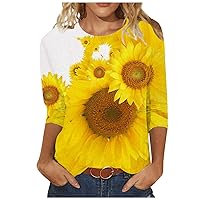 Summer Blouses for Women Floral 3/4 Sleeve Blouse Crewneck Tshirts Slim Fit Summer Shirts Ethnic Slim Cute Tees
