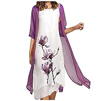 Womens Dresses for Wedding Guest Boho Flora Midi Dress with Jacket 3/4 Sleeve Two Piece Dress with Chiffon Cardigan