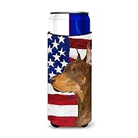 Caroline's Treasures SS4224MUK USA American Flag with Doberman Ultra Hugger for slim cans Can Cooler Sleeve Hugger Machine Washable Drink Sleeve Hugger Collapsible Insulator Beverage Insulated Holder