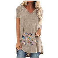 2024 Women's Short Sleeve Casual Tops Long Length Tunic Tees Plus Size V Neck Workout Loose Fit Blouses for Leggings