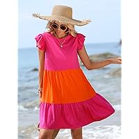 Women's Dress Dresses for Women Colorblock Ruffle Trim Smock Dress Dresses for Women (Color : Multicolor, Size : Medium)