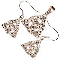 GWG Jewellery Set 18K Rose Gold Coated Celtic Trinity Knot Interlaced with Circle Ornated with Coloured CZ Stones Earrings and Pendant Necklace