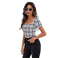 Women's Tops Sexy Tops for Women Shirts Scoop Neck Plaid Tee (Color : Multicolor, Size : Medium)