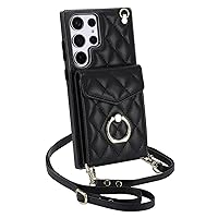 Luxury PU Case for Samsung Galaxy S23 Ultra/S23 Plus/S23 Small Fragrance Style Design with RFID Blocking, Detachable Strap and 360° Rotating Ring Stand (S23 Ultra,Black-1)