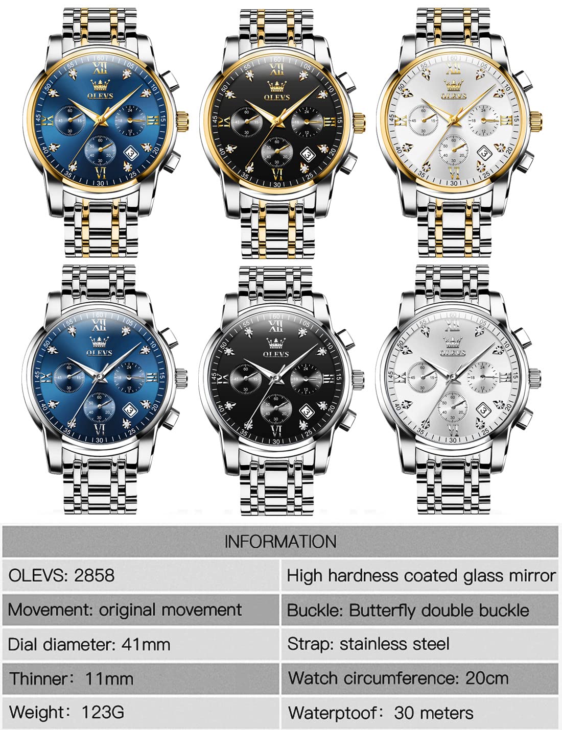 OLEVS Herren Luxus Uhr Wasserdicht Leuchtend Leicht Lesen Chronograph Uhren Voll Gold/Weiß Dail/Schwarz Gesicht mit Kalender Armbanduhr