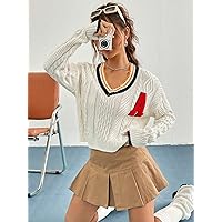 ENVEED Women's Sweater Letter Patched Striped Trim Drop Shoulder Cable Knit Sweater Sweater for Women (Color : Beige, Size : Large)