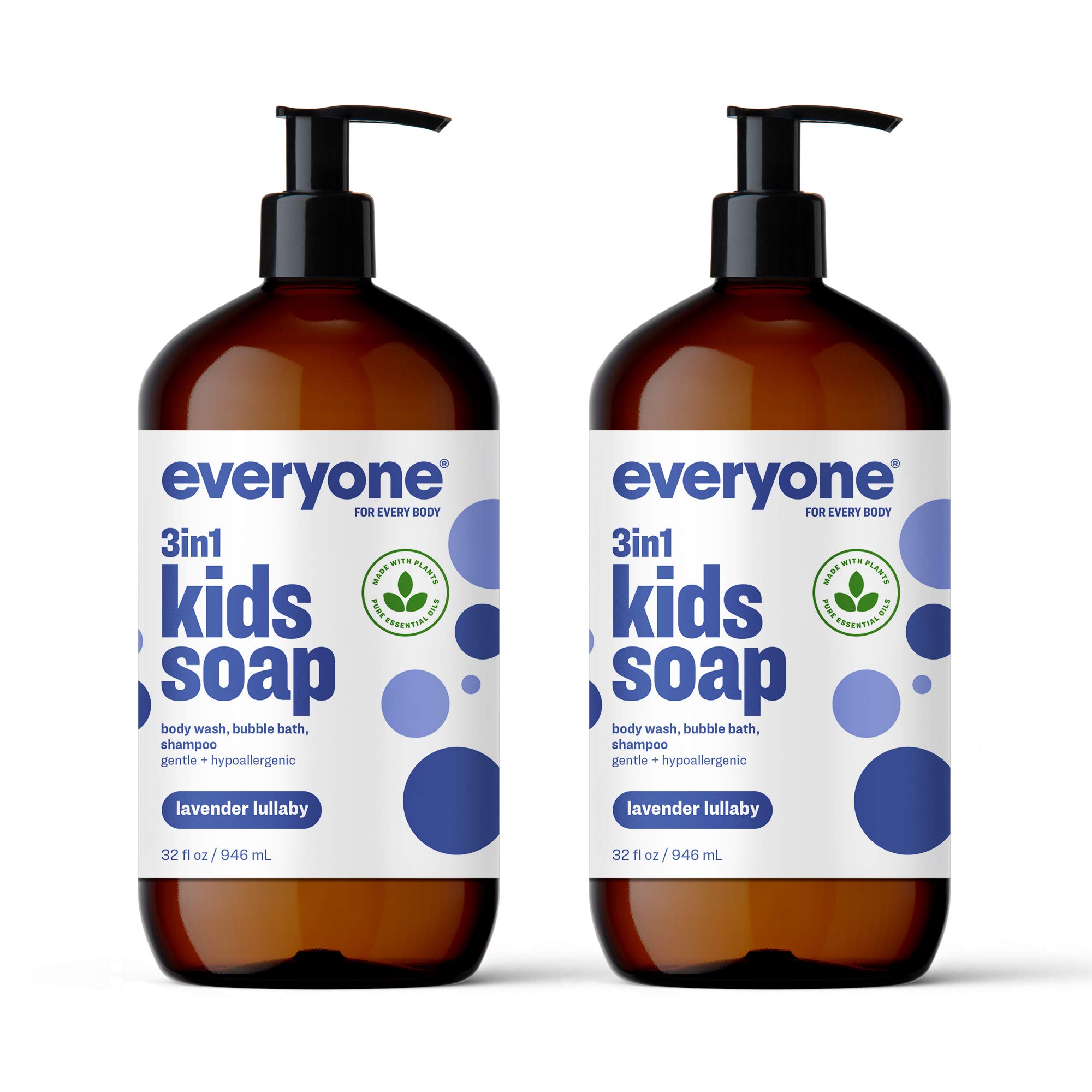 Everyone 3-in-1 Kids Soap, Body Wash, Bubble Bath, Shampoo, 32 Ounce (Pack of 2), Lavender Lullaby, Coconut Cleanser with Plant Extracts and Pure Essential Oils